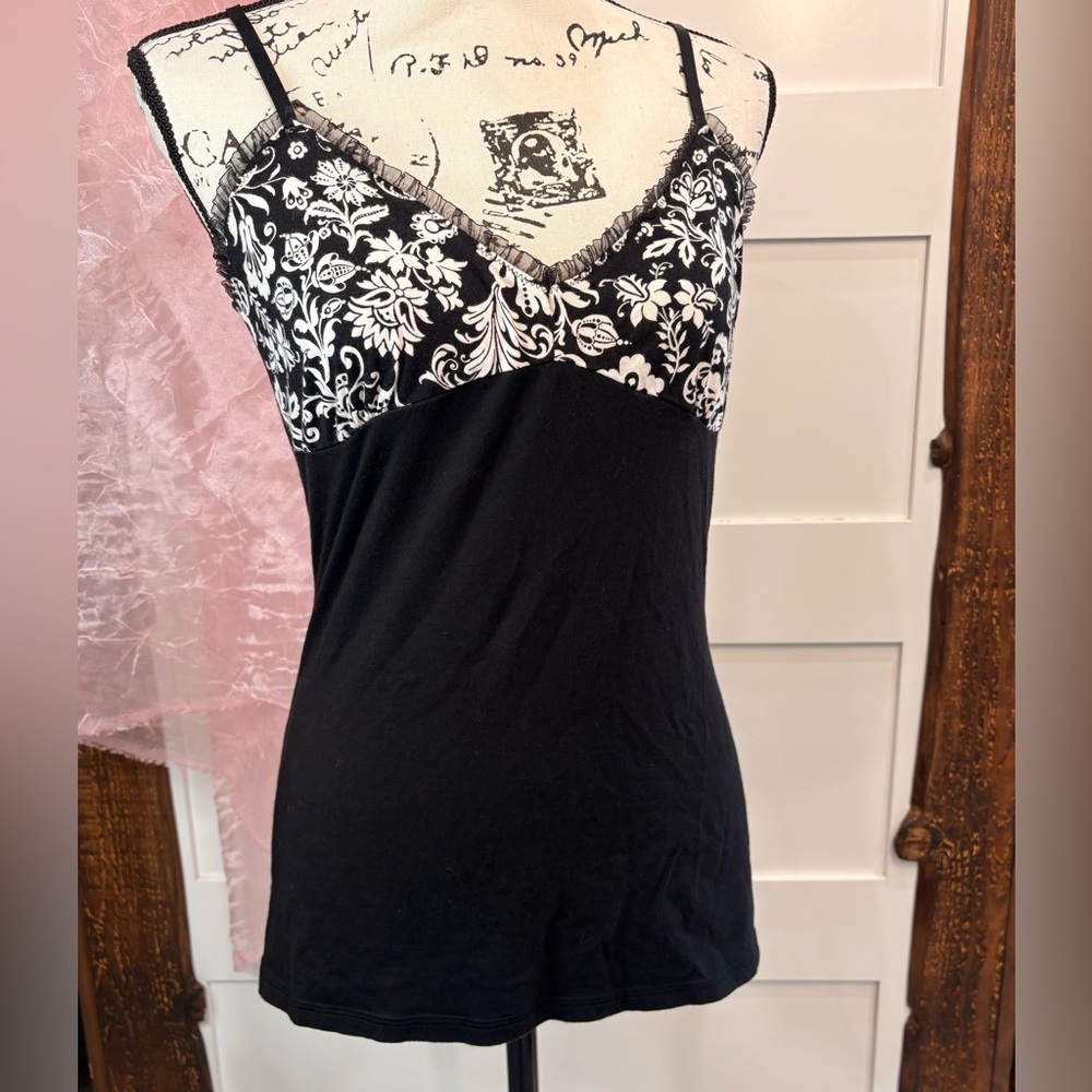 Unbranded Camisole Black White Floral Ruffle Trim Spaghetti Strap Small